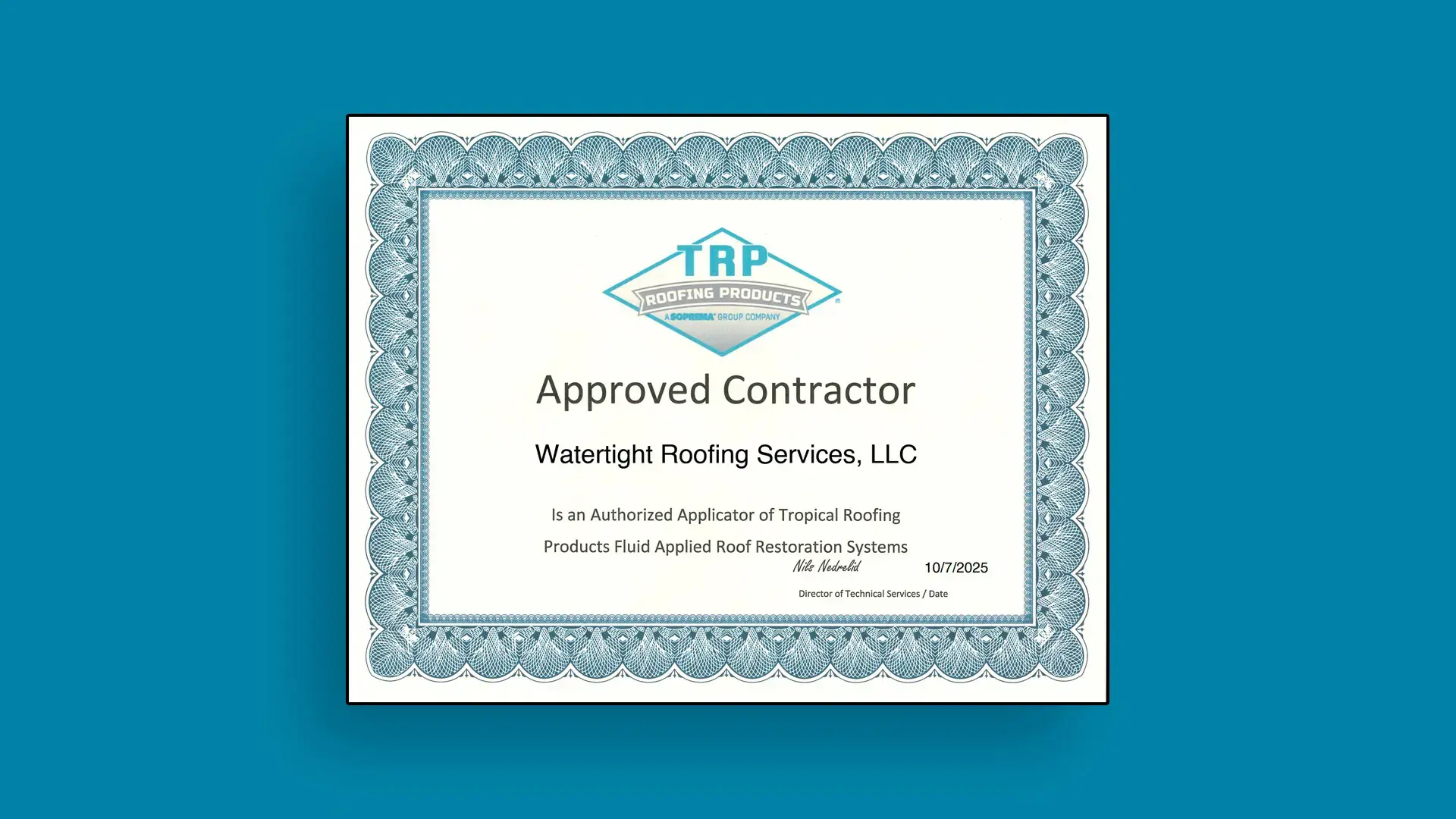Watertight Roofing Approved as Certified Tropical Roofing Products Installer